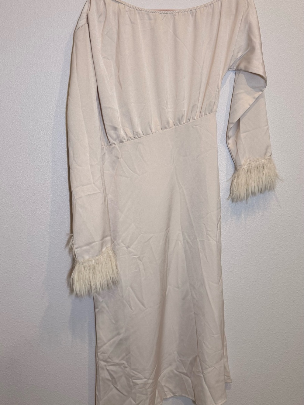 Women's Cream Long Sleeve Dress with Faux Fur Cuffs